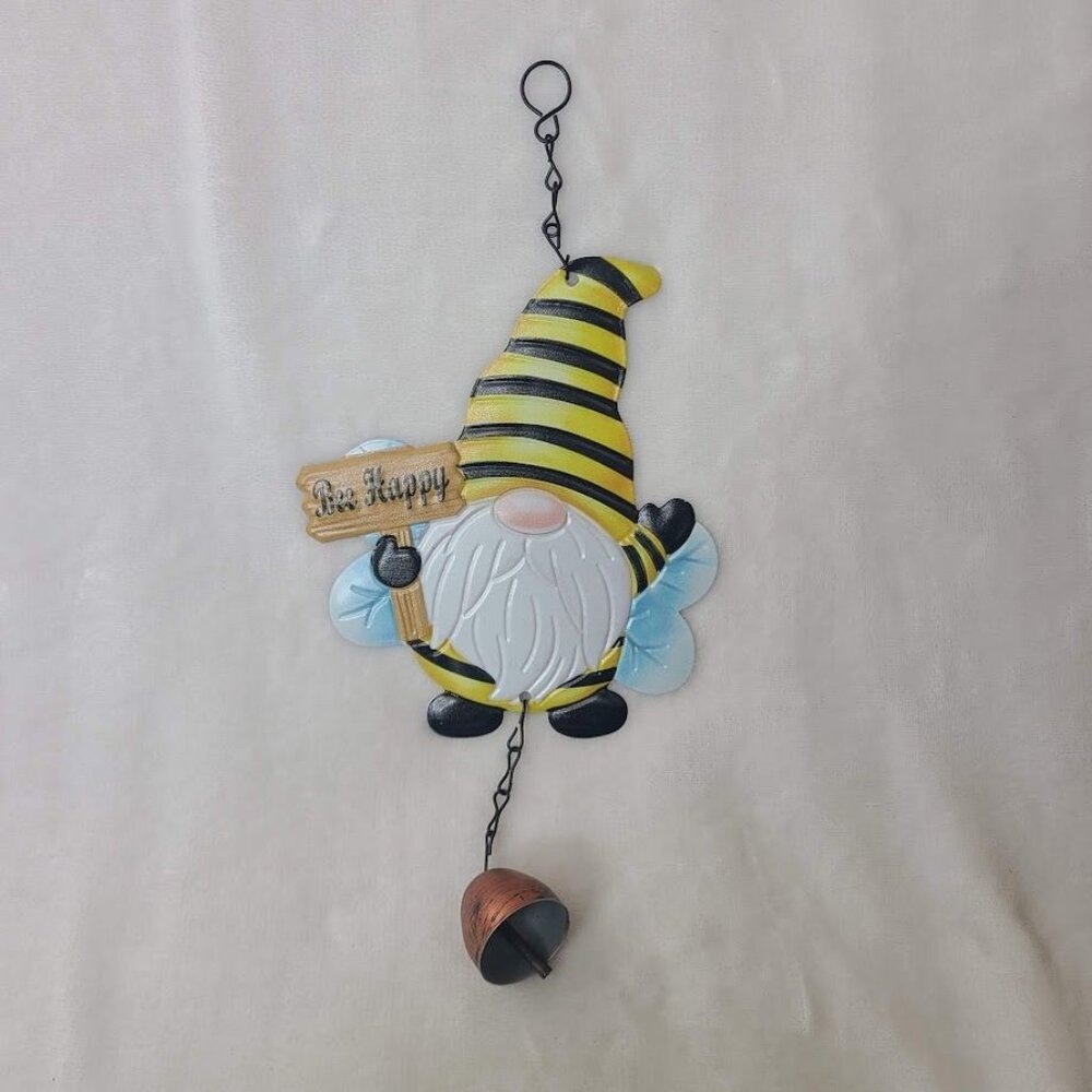 Bee Happy Gnome Metal Hanging Decor with Bell Garden Porch Ornament - Picture 2 of 7